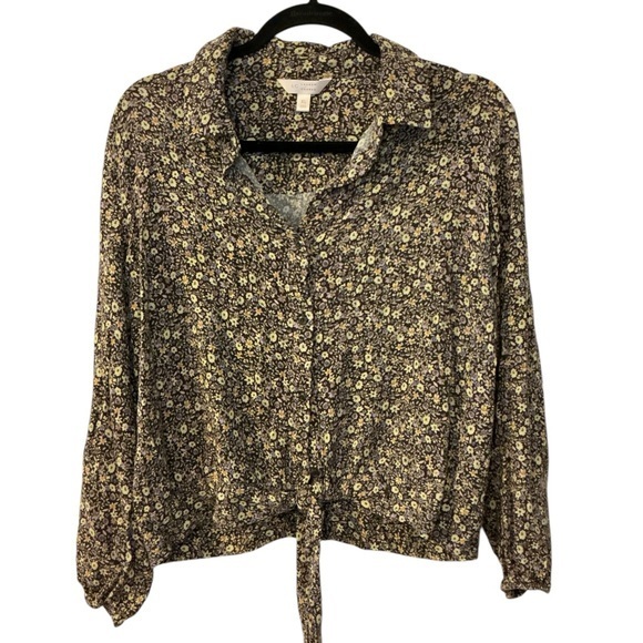 LC Lauren Conrad Brown Tan Tie Front Button Down Shirt - Picture 1 of 4